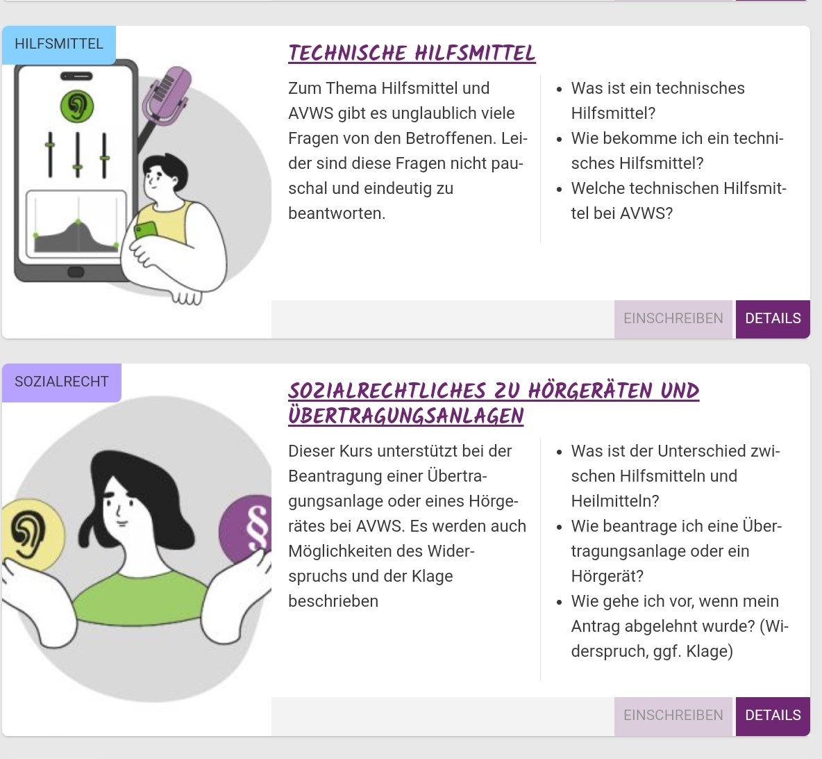 Ansicht Kursübersicht mit Details